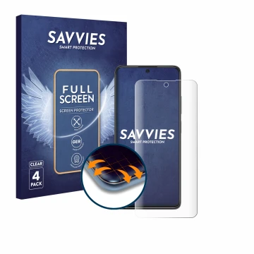 Parte frontal de un envase de producto con el logotipo de la marca Savvies. Al lado se muestra el dispositivo Xiaomi Poco X4 P