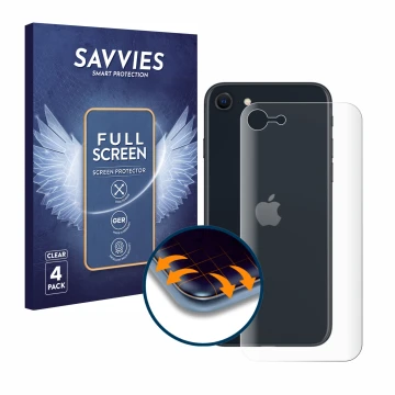 Parte frontal de un envase de producto con el logotipo de la marca Savvies. Al lado se muestra el dispositivo Apple iPhone SE 