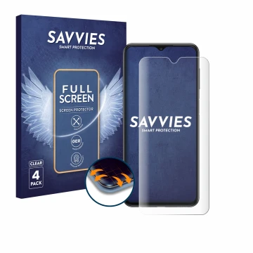 Parte frontal de un envase de producto con el logotipo de la marca Savvies. Al lado se muestra el dispositivo Samsung Galaxy A