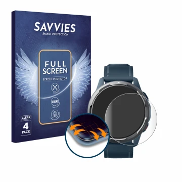 Parte frontal de un envase de producto con el logotipo de la marca Savvies. Al lado se muestra el dispositivo Xiaomi Watch S1 