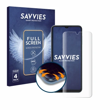 Parte frontal de un envase de producto con el logotipo de la marca Savvies. Al lado se muestra el dispositivo Samsung Galaxy A