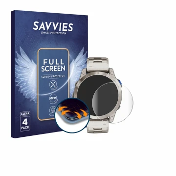 Parte frontal de un envase de producto con el logotipo de la marca Savvies. Al lado se muestra el dispositivo Garmin D2 Mach 1