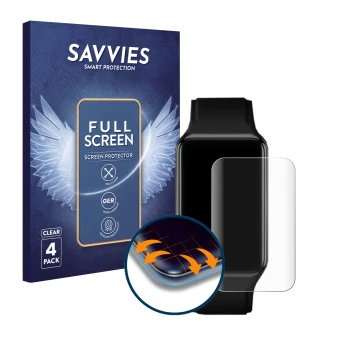 Parte frontal de un envase de producto con el logotipo de la marca Savvies. Al lado se muestra el dispositivo Oppo Watch Free 