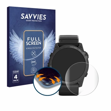 Parte frontal de un envase de producto con el logotipo de la marca Savvies. Al lado se muestra el dispositivo Garmin Tactix 7 