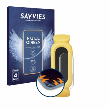 Parte frontal de un envase de producto con el logotipo de la marca Savvies. Al lado se muestra el dispositivo Fitbit Ace 3 Min