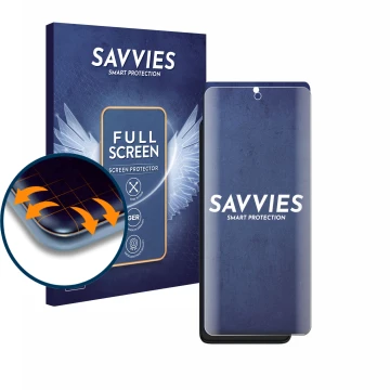 Parte frontal de un envase de producto con el logotipo de la marca Savvies. Al lado se muestra el dispositivo Motorola Edge 30