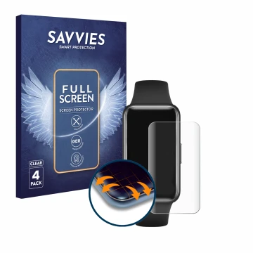 Parte frontal de un envase de producto con el logotipo de la marca Savvies. Al lado se muestra el dispositivo Huawei Band 7 co