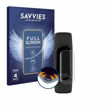 Parte frontal de un envase de producto con el logotipo de la marca Savvies. Al lado se muestra el dispositivo Garmin Vivosmart
