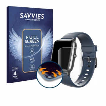 Parte frontal de un envase de producto con el logotipo de la marca Savvies. Al lado se muestra el dispositivo Hama Fit Watch 4