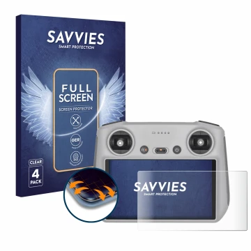 Parte frontal de un envase de producto con el logotipo de la marca Savvies. Al lado se muestra el dispositivo DJI RC Controlle