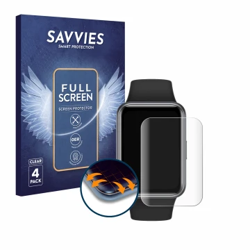 Parte frontal de un envase de producto con el logotipo de la marca Savvies. Al lado se muestra el dispositivo Huawei Watch Fit