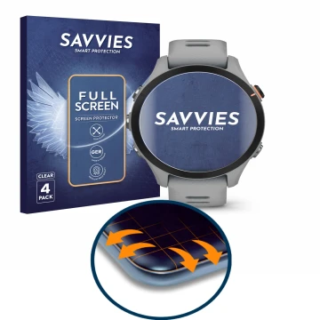 Parte frontal de un envase de producto con el logotipo de la marca Savvies. Al lado se muestra el dispositivo Garmin Forerunne