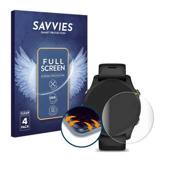 Parte frontal de un envase de producto con el logotipo de la marca Savvies. Al lado se muestra el dispositivo Garmin Forerunne