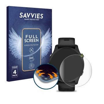 Parte frontal de un envase de producto con el logotipo de la marca Savvies. Al lado se muestra el dispositivo Garmin Forerunne