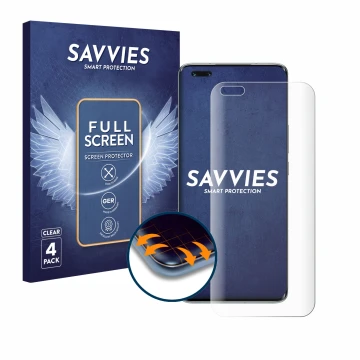 Parte frontal de un envase de producto con el logotipo de la marca Savvies. Al lado se muestra el dispositivo Honor Magic 4 Pr