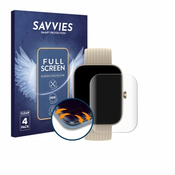 Parte frontal de un envase de producto con el logotipo de la marca Savvies. Al lado se muestra el dispositivo Huami Amazfit Bi