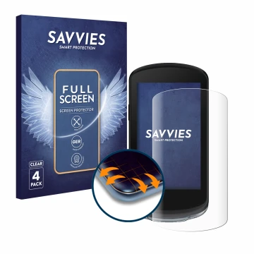 Parte frontal de un envase de producto con el logotipo de la marca Savvies. Al lado se muestra el dispositivo Garmin Edge 1040