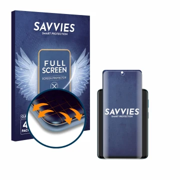 Parte frontal de un envase de producto con el logotipo de la marca Savvies. Al lado se muestra el dispositivo Motorola Moto G4