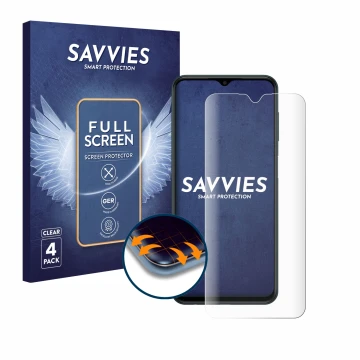 Parte frontal de un envase de producto con el logotipo de la marca Savvies. Al lado se muestra el dispositivo Samsung Galaxy M