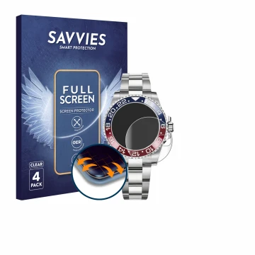Parte frontal de un envase de producto con el logotipo de la marca Savvies. Al lado se muestra el dispositivo Rolex GMT-Master