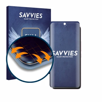 Parte frontal de un envase de producto con el logotipo de la marca Savvies. Al lado se muestra el dispositivo Xiaomi 12 Lite c