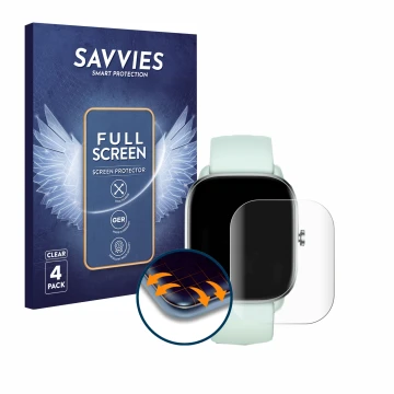 Parte frontal de un envase de producto con el logotipo de la marca Savvies. Al lado se muestra el dispositivo Huami Amazfit GT