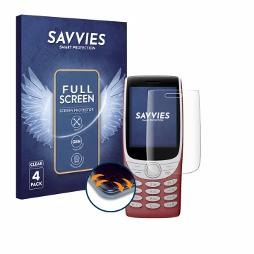 Parte frontal de un envase de producto con el logotipo de la marca Savvies. Al lado se muestra el dispositivo Nokia 8210 4G co