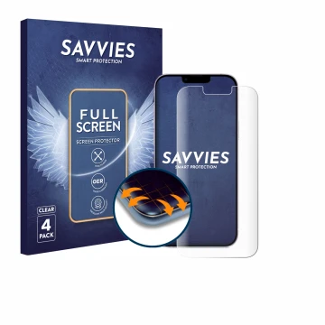 Parte frontal de un envase de producto con el logotipo de la marca Savvies. Al lado se muestra el dispositivo Apple iPhone 14 