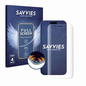 Parte frontal de un envase de producto con el logotipo de la marca Savvies. Al lado se muestra el dispositivo Apple iPhone 14 