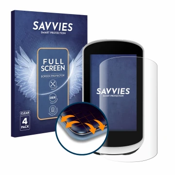 Parte frontal de un envase de producto con el logotipo de la marca Savvies. Al lado se muestra el dispositivo Garmin Edge Expl