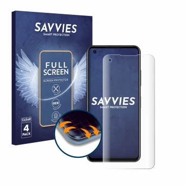 Parte frontal de un envase de producto con el logotipo de la marca Savvies. Al lado se muestra el dispositivo ASUS ZenFone 9 c