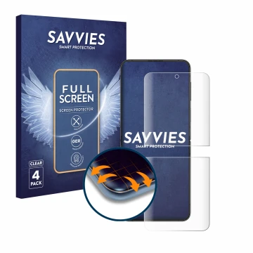 Parte frontal de un envase de producto con el logotipo de la marca Savvies. Al lado se muestra el dispositivo Samsung Galaxy Z