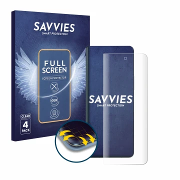 Parte frontal de un envase de producto con el logotipo de la marca Savvies. Al lado se muestra el dispositivo Samsung Galaxy Z