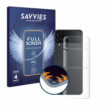 Parte frontal de un envase de producto con el logotipo de la marca Savvies. Al lado se muestra el dispositivo Samsung Galaxy Z