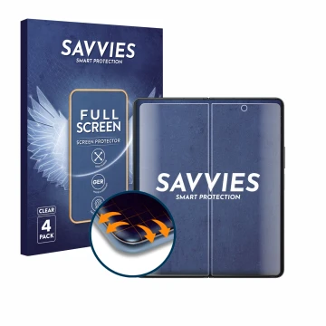 Parte frontal de un envase de producto con el logotipo de la marca Savvies. Al lado se muestra el dispositivo Samsung Galaxy Z