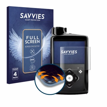 Parte frontal de un envase de producto con el logotipo de la marca Savvies. Al lado se muestra el dispositivo Medtronic Minime