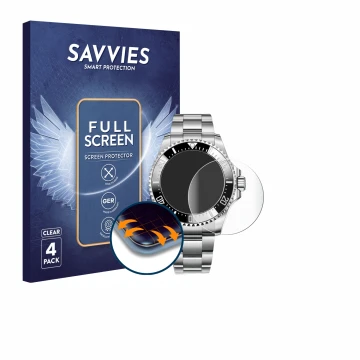Parte frontal de un envase de producto con el logotipo de la marca Savvies. Al lado se muestra el dispositivo Rolex Sea-Dwelle