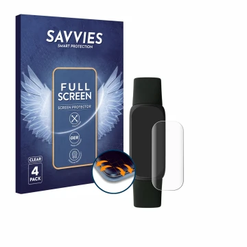 Parte frontal de un envase de producto con el logotipo de la marca Savvies. Al lado se muestra el dispositivo Fitbit Inspire 3