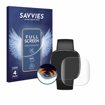 Parte frontal de un envase de producto con el logotipo de la marca Savvies. Al lado se muestra el dispositivo Fitbit Versa 4 c