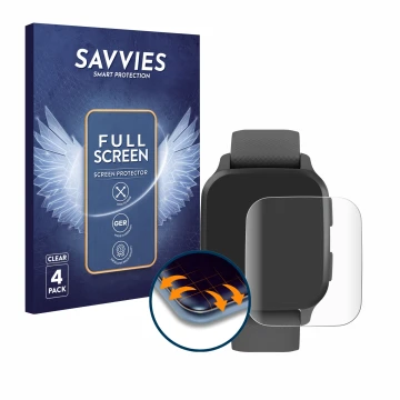 Parte frontal de un envase de producto con el logotipo de la marca Savvies. Al lado se muestra el dispositivo Garmin Venu Sq 2