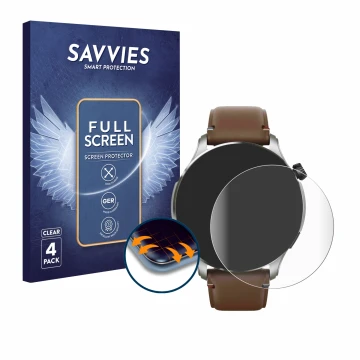 Parte frontal de un envase de producto con el logotipo de la marca Savvies. Al lado se muestra el dispositivo Huami Amazfit GT
