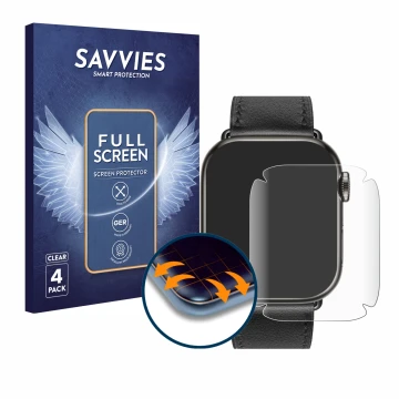 Parte frontal de un envase de producto con el logotipo de la marca Savvies. Al lado se muestra el dispositivo Apple Watch Herm