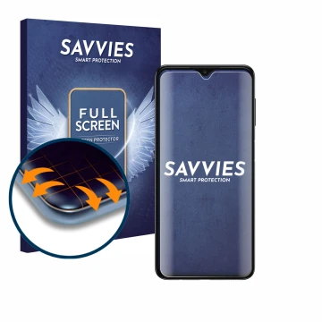 Parte frontal de un envase de producto con el logotipo de la marca Savvies. Al lado se muestra el dispositivo Samsung Galaxy A