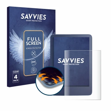 Parte frontal de un envase de producto con el logotipo de la marca Savvies. Al lado se muestra el dispositivo Amazon Kindle Re