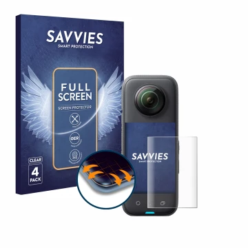 Parte frontal de un envase de producto con el logotipo de la marca Savvies. Al lado se muestra el dispositivo Insta360 X3 con 