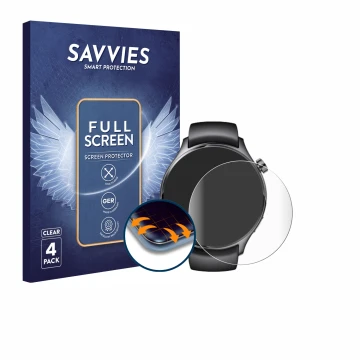 Parte frontal de un envase de producto con el logotipo de la marca Savvies. Al lado se muestra el dispositivo Xiaomi Watch S1 