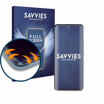 Parte frontal de un envase de producto con el logotipo de la marca Savvies. Al lado se muestra el dispositivo Xiaomi 12T Pro c