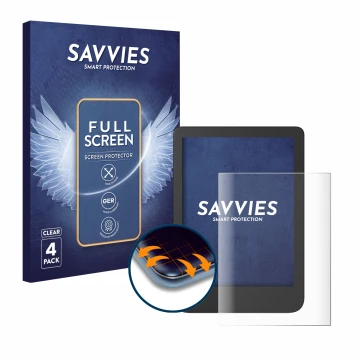 Parte frontal de un envase de producto con el logotipo de la marca Savvies. Al lado se muestra el dispositivo Tolino Shine 4 c