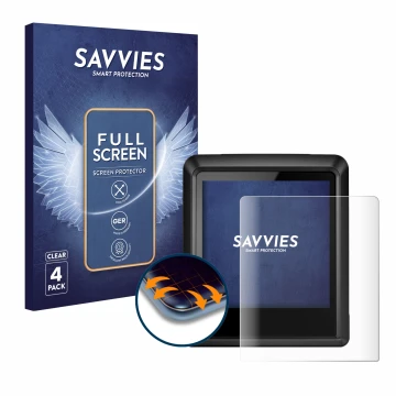 Parte frontal de un envase de producto con el logotipo de la marca Savvies. Al lado se muestra el dispositivo Bosch Intuvia 10