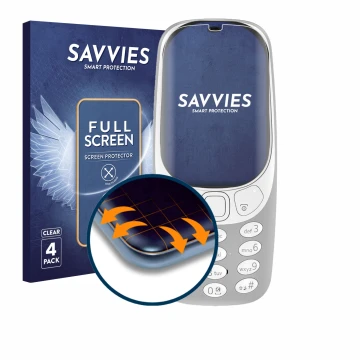 Parte frontal de un envase de producto con el logotipo de la marca Savvies. Al lado se muestra el dispositivo Nokia 3310 (2017
